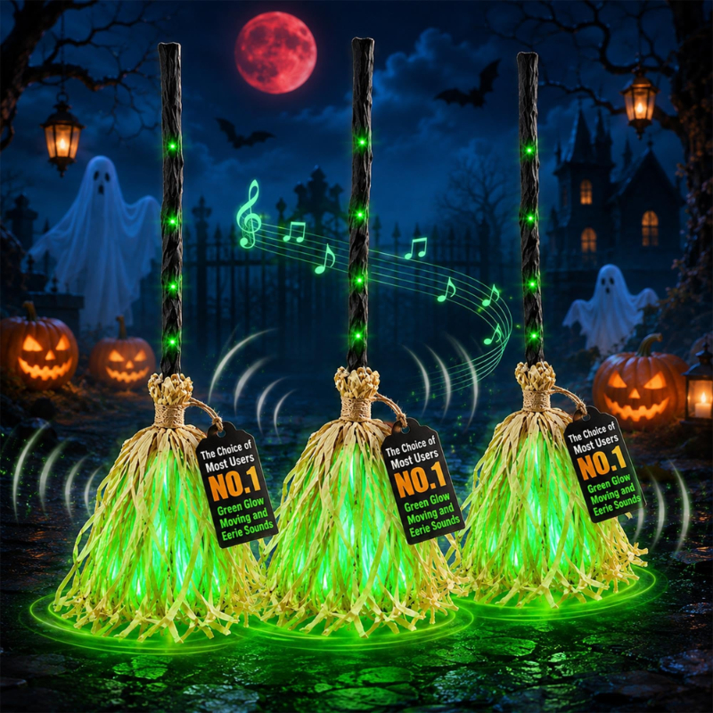 Animated Moving Witch Broom Halloween Decor, Green Glow & Eerie Sounds, Sound‑Activated Halloween Party Prop for Indoor Home Decor