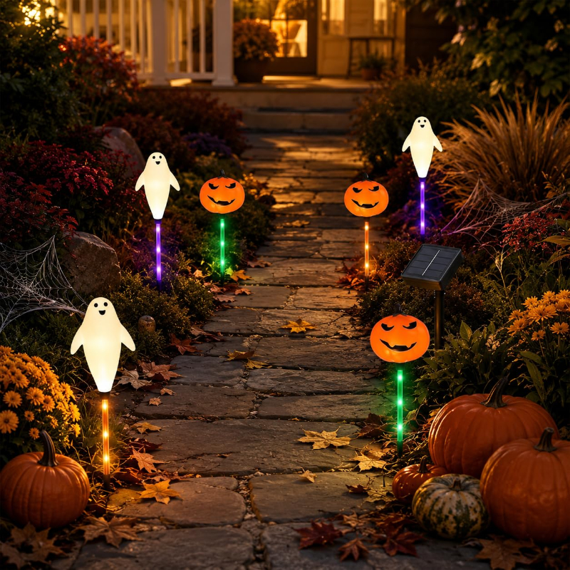 🔥Bestseller🔥 ｜ 6 Pack Solar Halloween Garden Stake Lights👻 8 Modes Pumpkin Ghost Witch Hat Lantern, Waterproof Solar Pathway Lights for Yard Lawn Porch Halloween Outdoor Decor