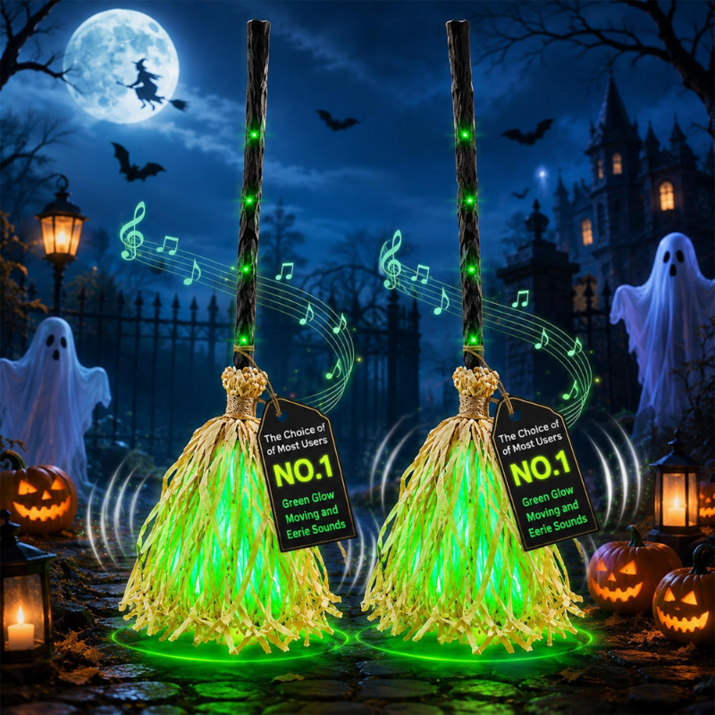 Animated Moving Witch Broom Halloween Decor, Green Glow & Eerie Sounds, Sound‑Activated Halloween Party Prop for Indoor Home Decor