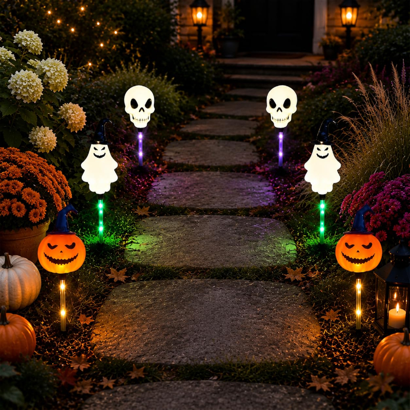 🔥Bestseller🔥 ｜ 6 Pack Solar Halloween Garden Stake Lights👻 8 Modes Pumpkin Ghost Witch Hat Lantern, Waterproof Solar Pathway Lights for Yard Lawn Porch Halloween Outdoor Decor
