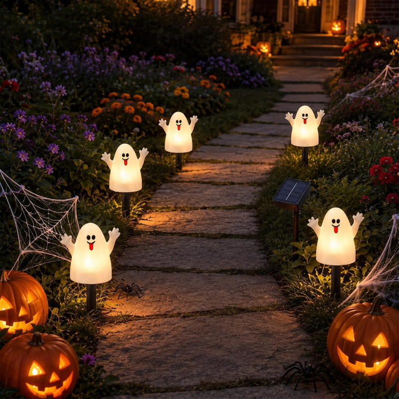 🔥Bestseller🔥 ｜ 6 Pack Solar Halloween Garden Stake Lights👻 8 Modes Pumpkin Ghost Witch Hat Lantern, Waterproof Solar Pathway Lights for Yard Lawn Porch Halloween Outdoor Decor