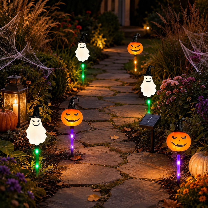 🔥Bestseller🔥 ｜ 6 Pack Solar Halloween Garden Stake Lights👻 8 Modes Pumpkin Ghost Witch Hat Lantern, Waterproof Solar Pathway Lights for Yard Lawn Porch Halloween Outdoor Decor