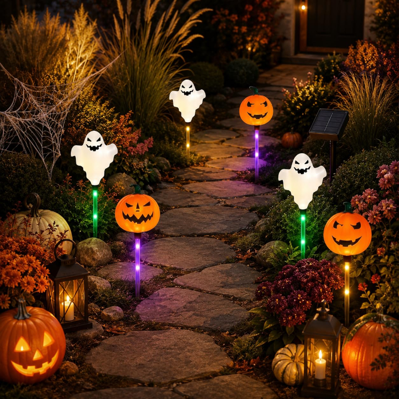 🔥Bestseller🔥 ｜ 6 Pack Solar Halloween Garden Stake Lights👻 8 Modes Pumpkin Ghost Witch Hat Lantern, Waterproof Solar Pathway Lights for Yard Lawn Porch Halloween Outdoor Decor