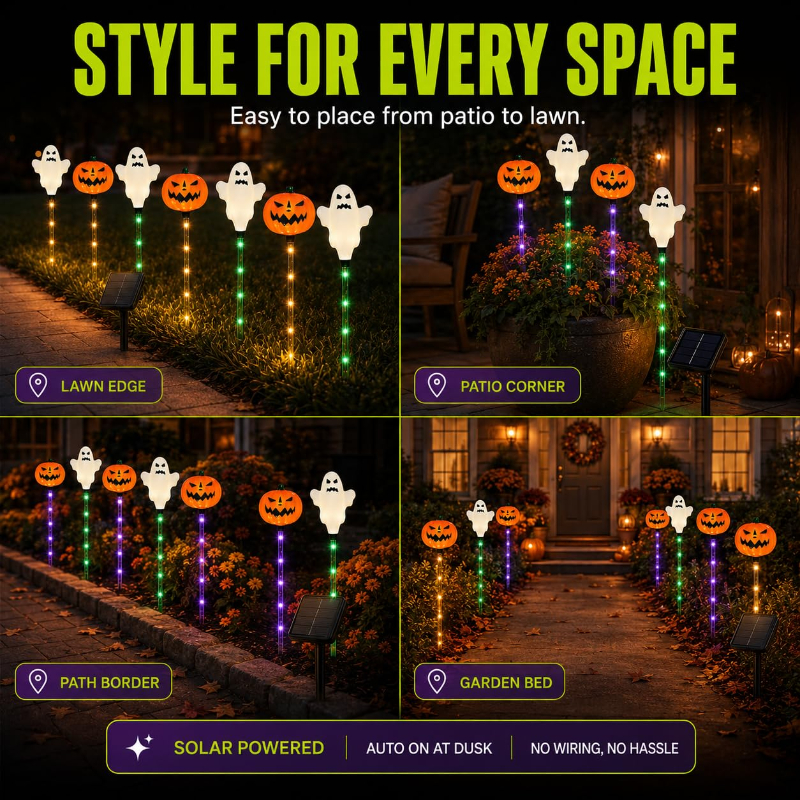 🔥Bestseller🔥 ｜ 6 Pack Solar Halloween Garden Stake Lights👻 8 Modes Pumpkin Ghost Witch Hat Lantern, Waterproof Solar Pathway Lights for Yard Lawn Porch Halloween Outdoor Decor