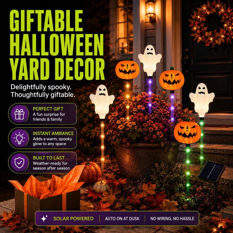 🔥Bestseller🔥 ｜ 6 Pack Solar Halloween Garden Stake Lights👻 8 Modes Pumpkin Ghost Witch Hat Lantern, Waterproof Solar Pathway Lights for Yard Lawn Porch Halloween Outdoor Decor