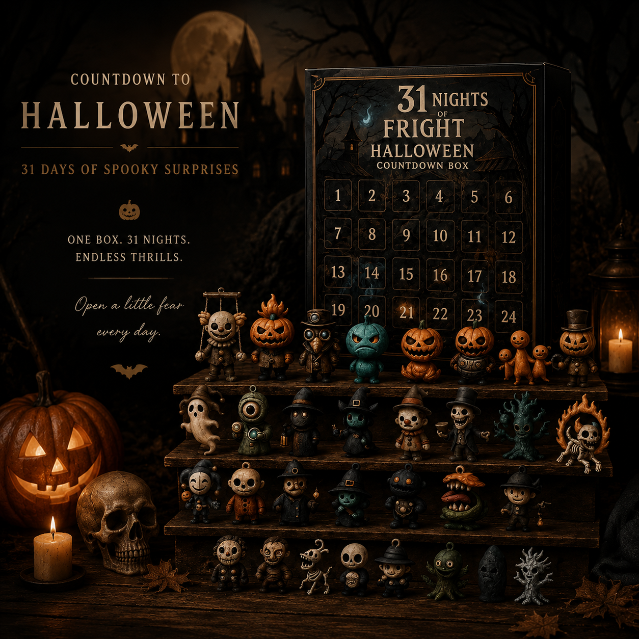 31 Nights of Fright Halloween Countdown Box, Horror Figurines Advent Calendar, Spooky Mini Collectible Decor for Halloween