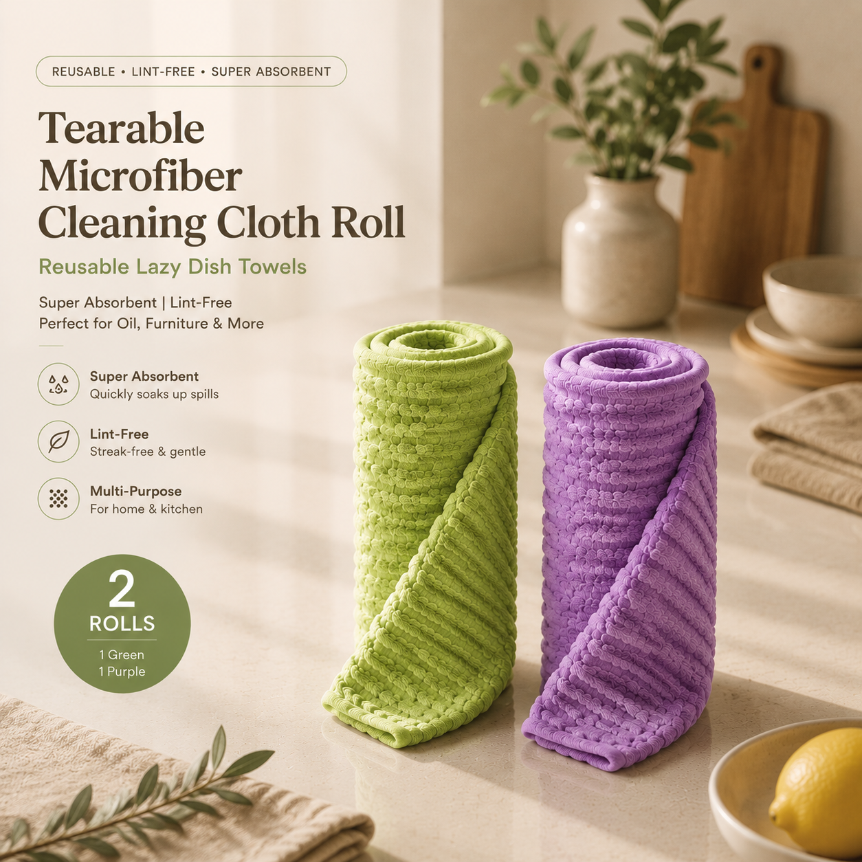 Tearable Microfiber Cleaning Cloth Roll, Reusable Lazy Dish Towels, Super Absorbent Lint‑Free Kitchen Rags for Oil & Furniture