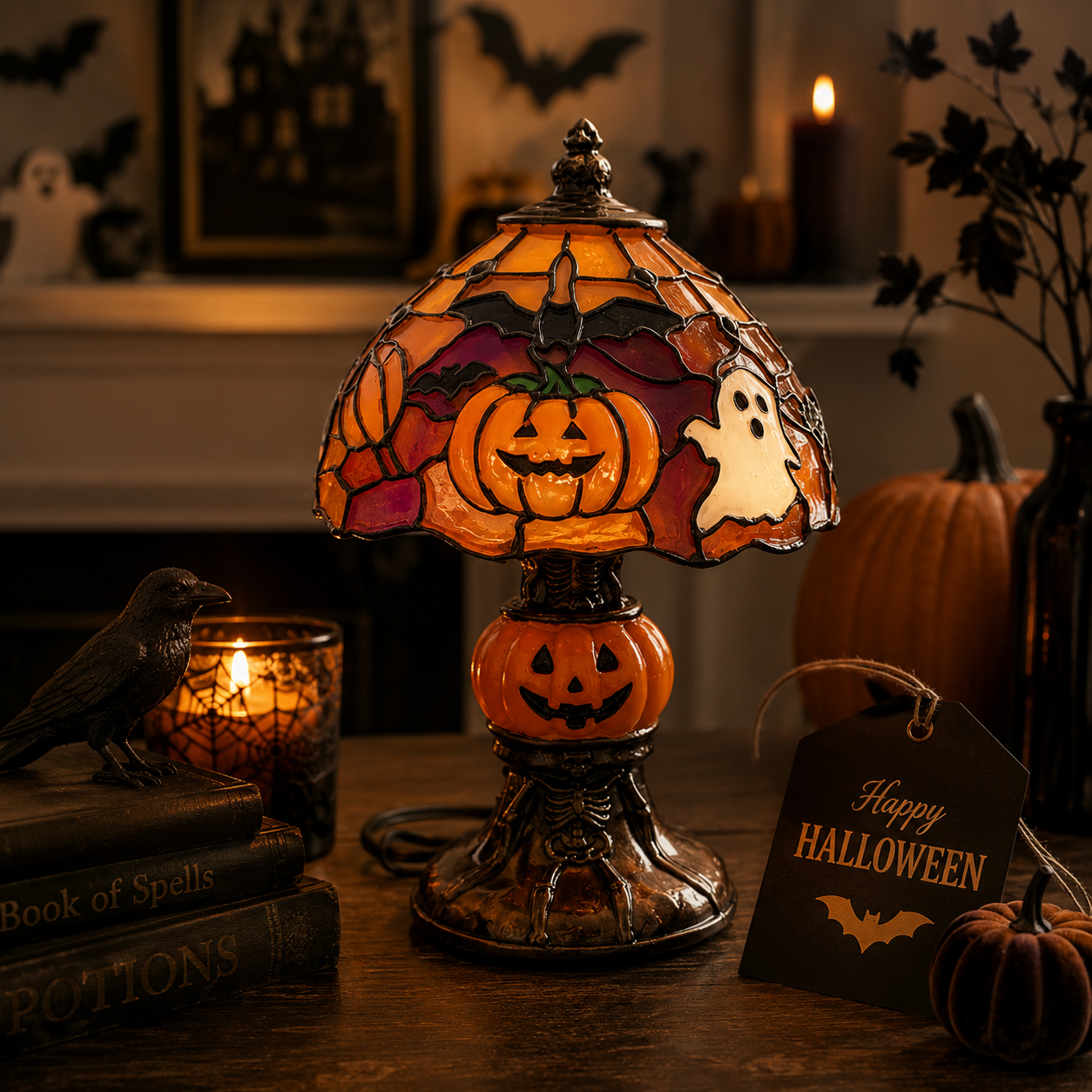 👻Halloween Stained‑Glass Style Table Lamp, USB Powered Pumpkin & Skeleton Desk Light, 4 Designs Available