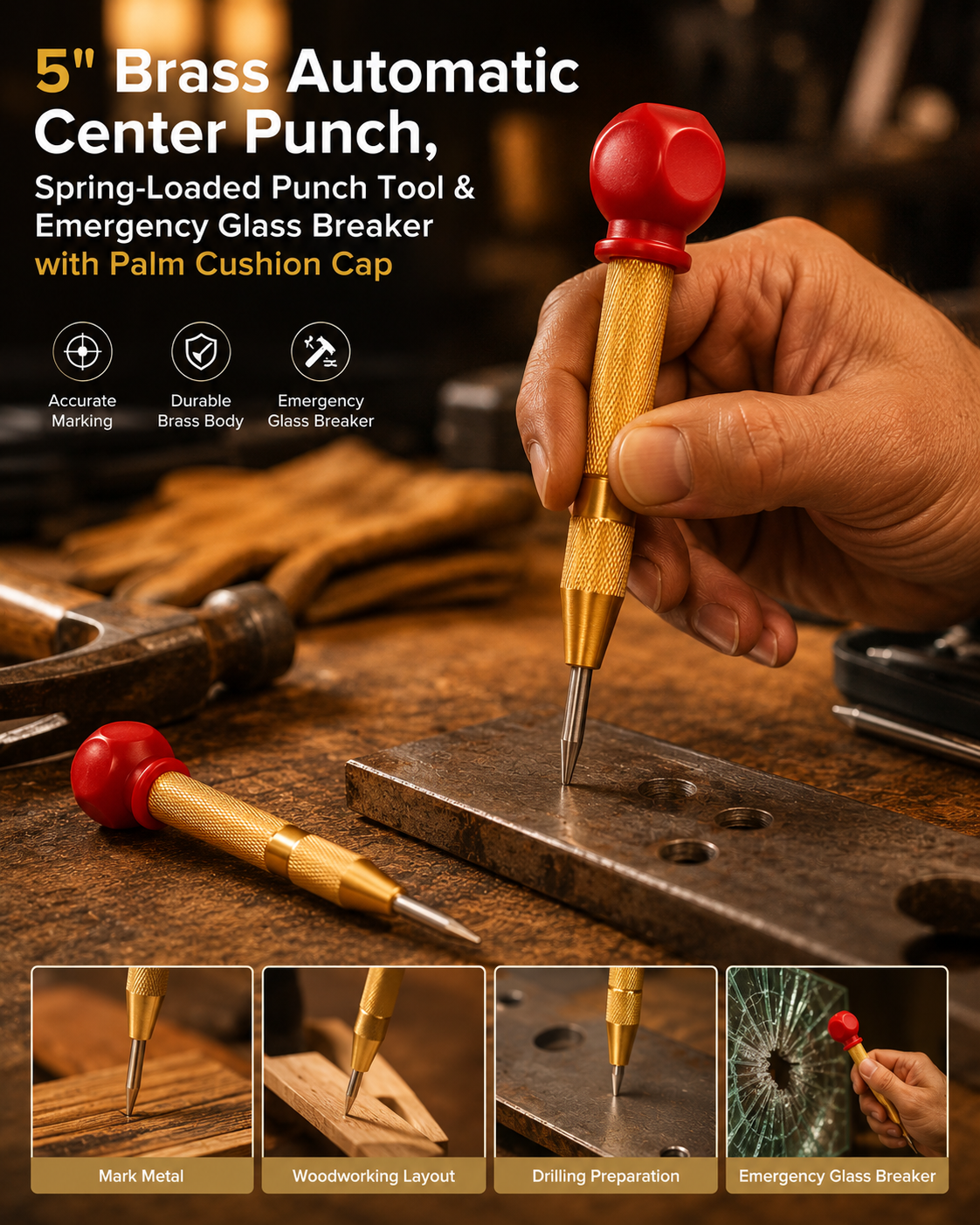 5" Brass Automatic Center Punch, Spring‑Loaded Punch Tool & Emergency Glass Breaker with Palm Cushion Cap