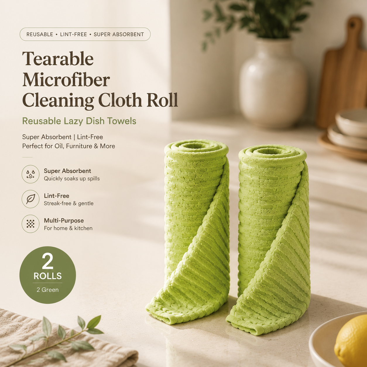 Tearable Microfiber Cleaning Cloth Roll, Reusable Lazy Dish Towels, Super Absorbent Lint‑Free Kitchen Rags for Oil & Furniture
