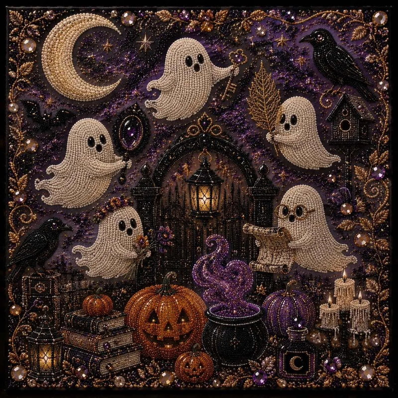 🧘Relaxing & Beginner-Friendly- 👻Cute Ghosts Pumpkins 3D Pearl Mosaic Art Kit