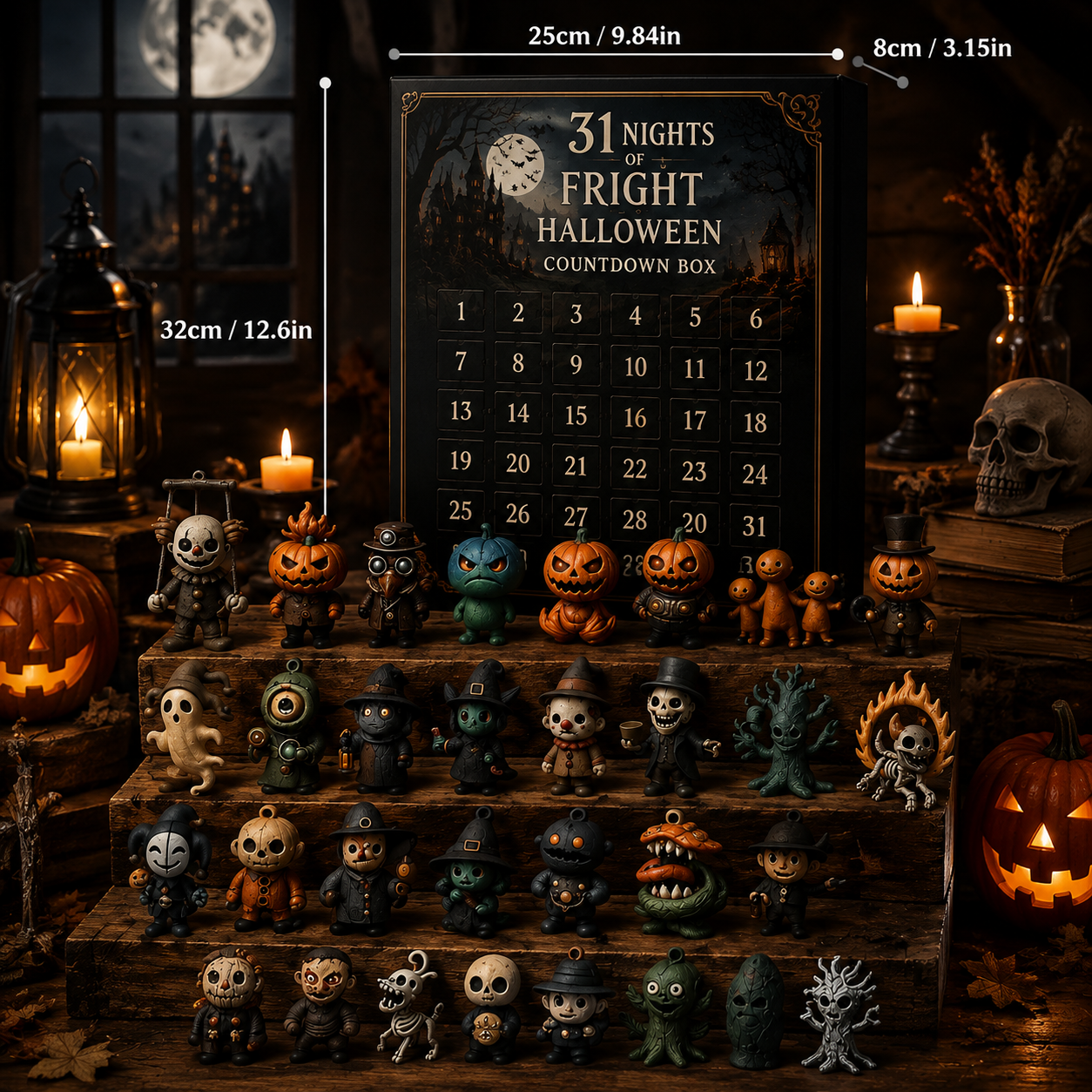 31 Nights of Fright Halloween Countdown Box, Horror Figurines Advent Calendar, Spooky Mini Collectible Decor for Halloween
