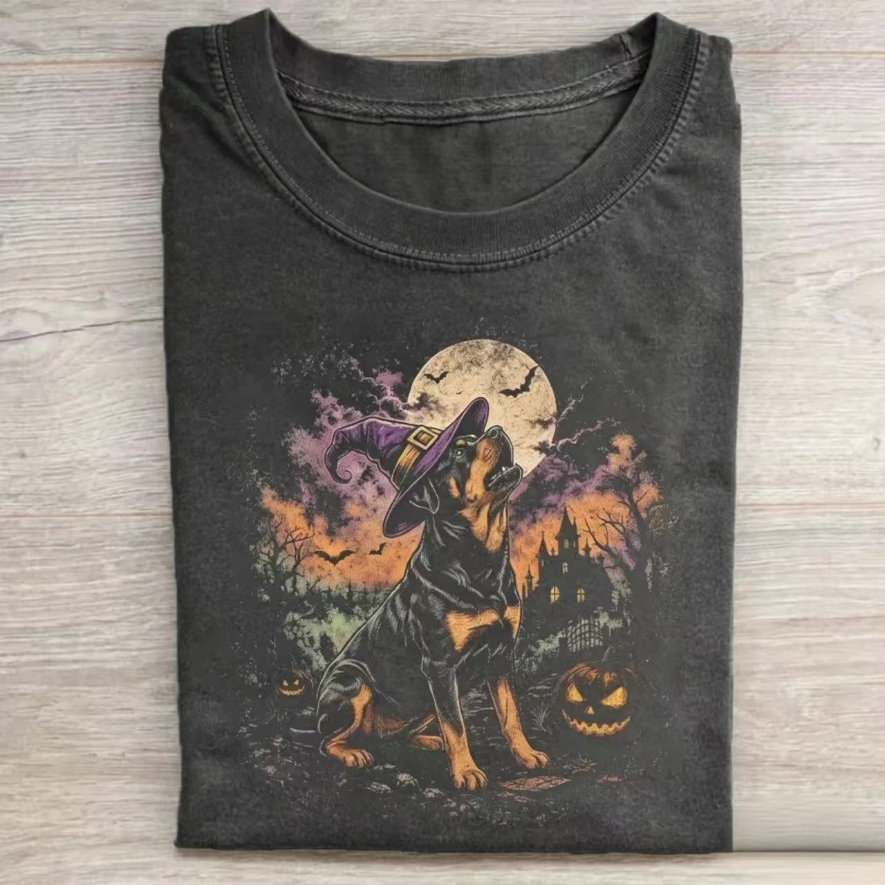 Halloween Witch Rottweiler Howling Moon T-shirt