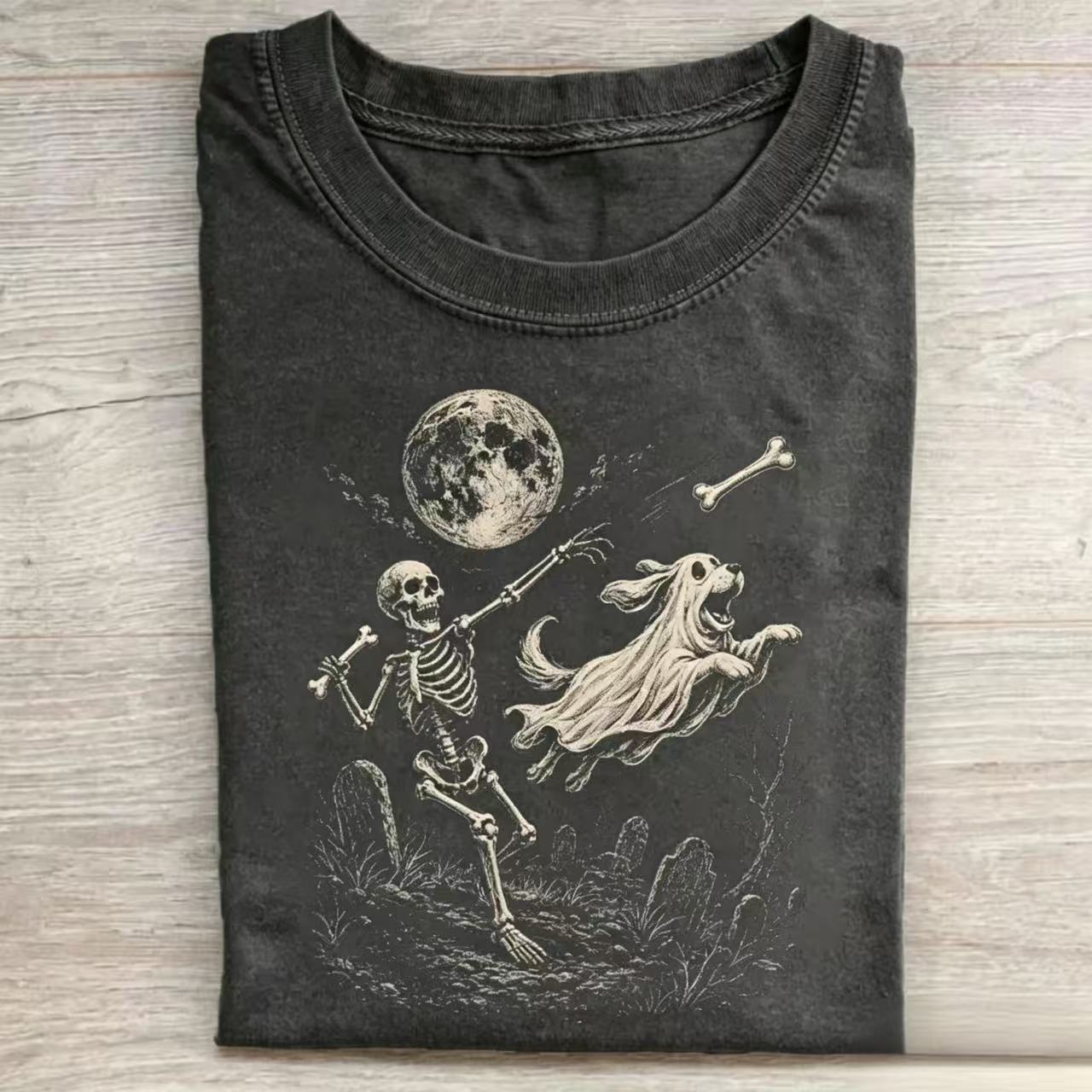 Funny Halloween Skeleton Playing With Dog T-shirt