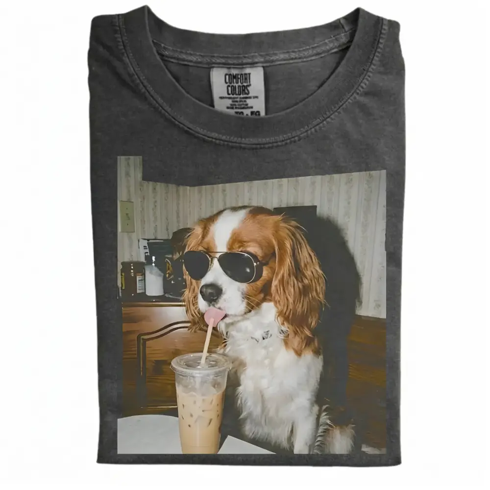 Cavalier King Charles Drinking Iced Coffee T-shirt