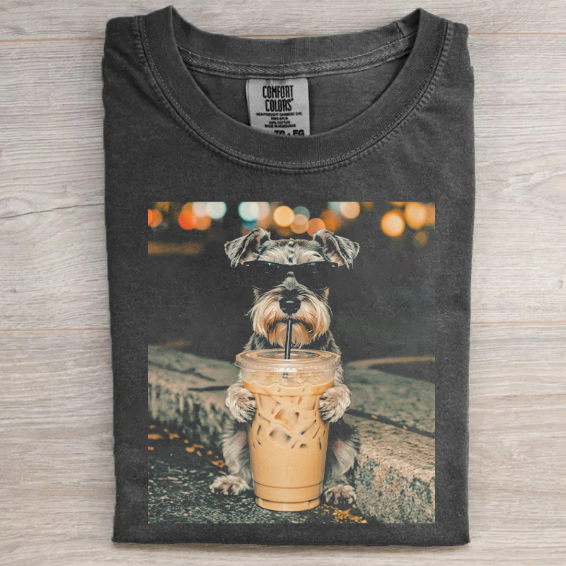Funny Miniature Schnauzer Drinking Iced Coffee T-shirt