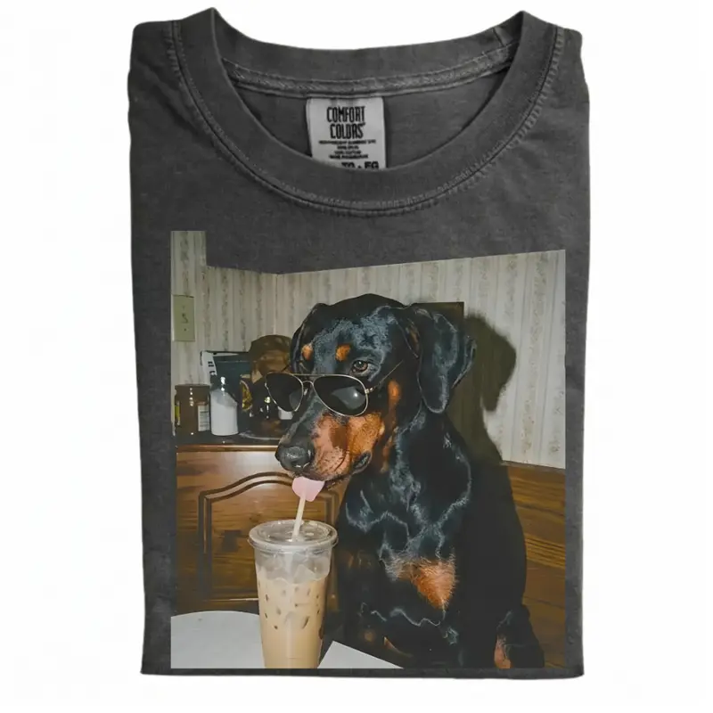 Doberman Drinking Iced Coffee T-shirt