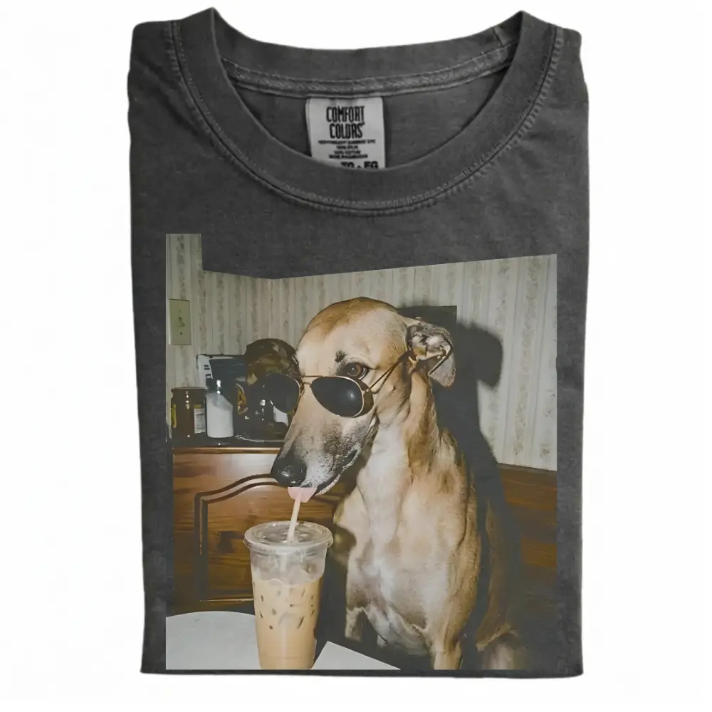 Grey Hound Drinking Iced Coffee T-shirt