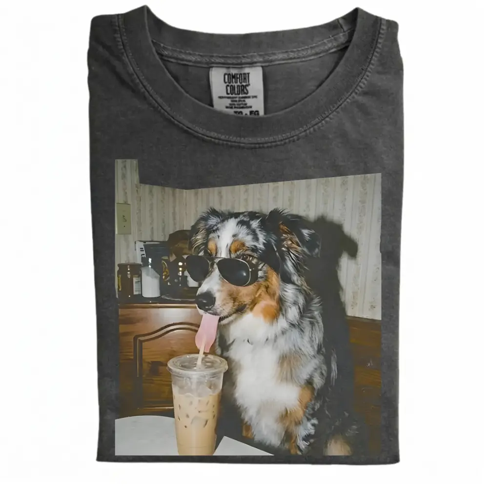 Australian Shepherd Drinking Iced Coffee T-shirt