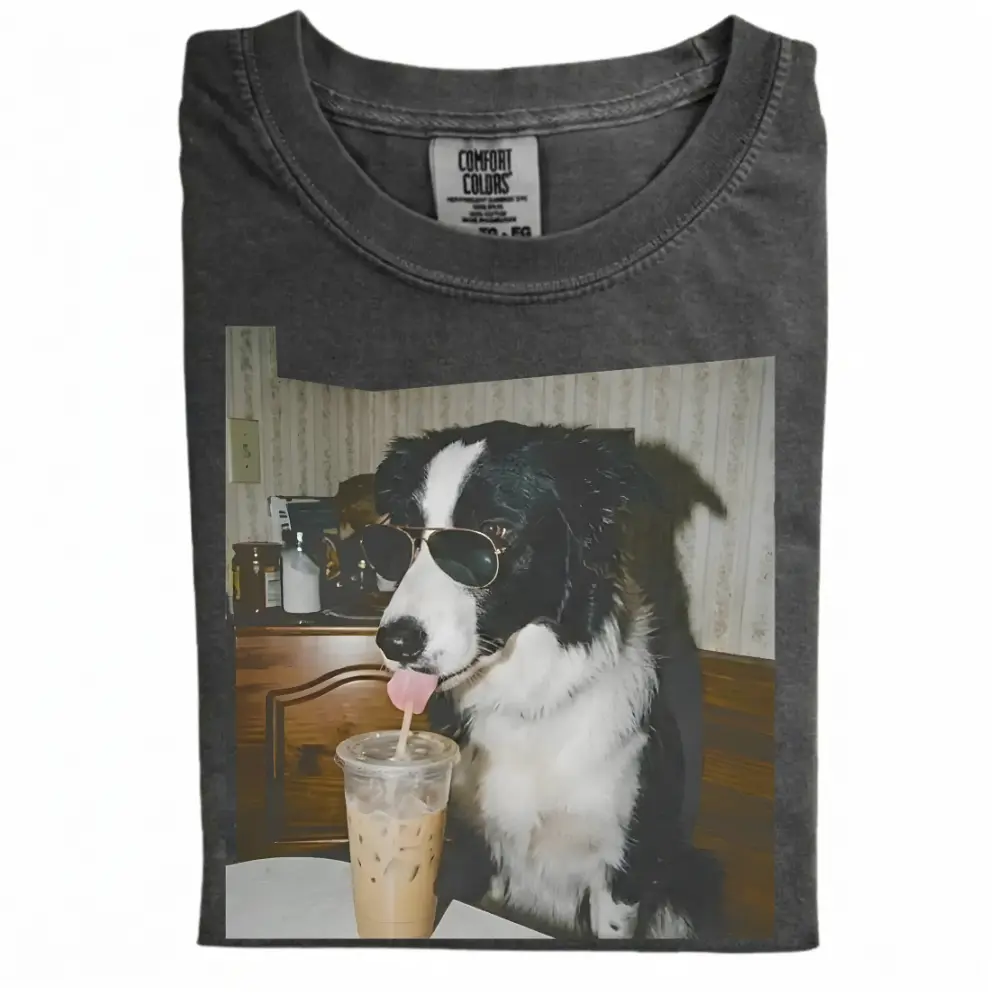 Border Collie Drinking Iced Coffee T-shirt