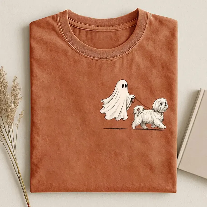 Ghost Walking Maltese Dog Halloween T-shirt