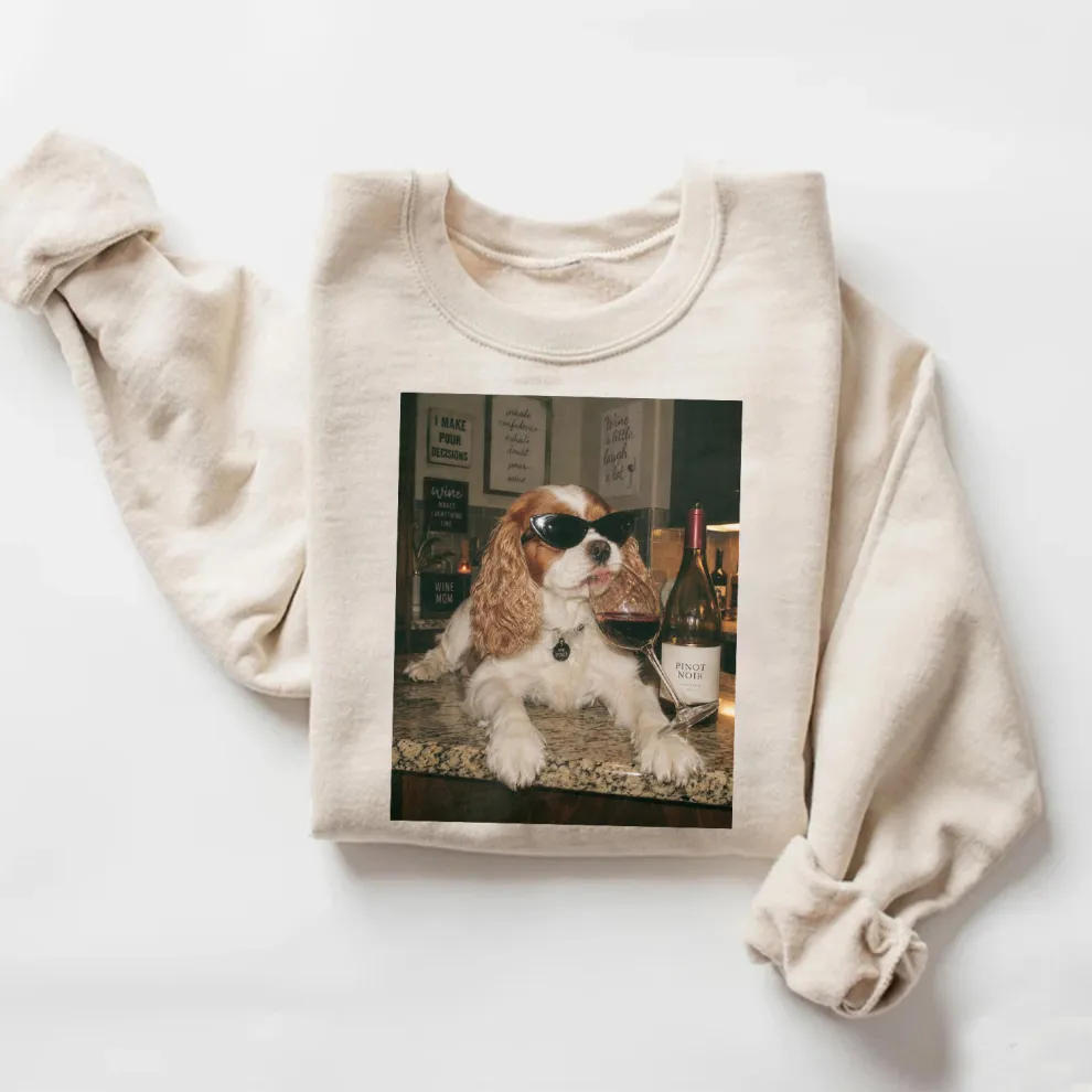 Cavalier King Charles Spaniel Drinking Wine Sweatshirt