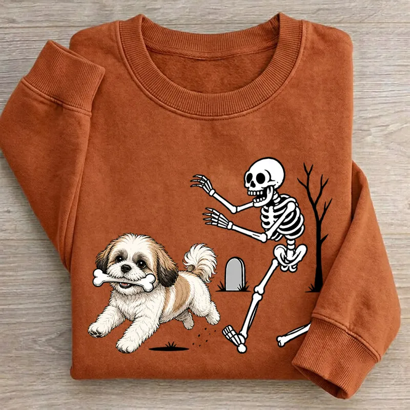 Shih Tzu Dog Breeds Halloween Skeleton Sweatshirt