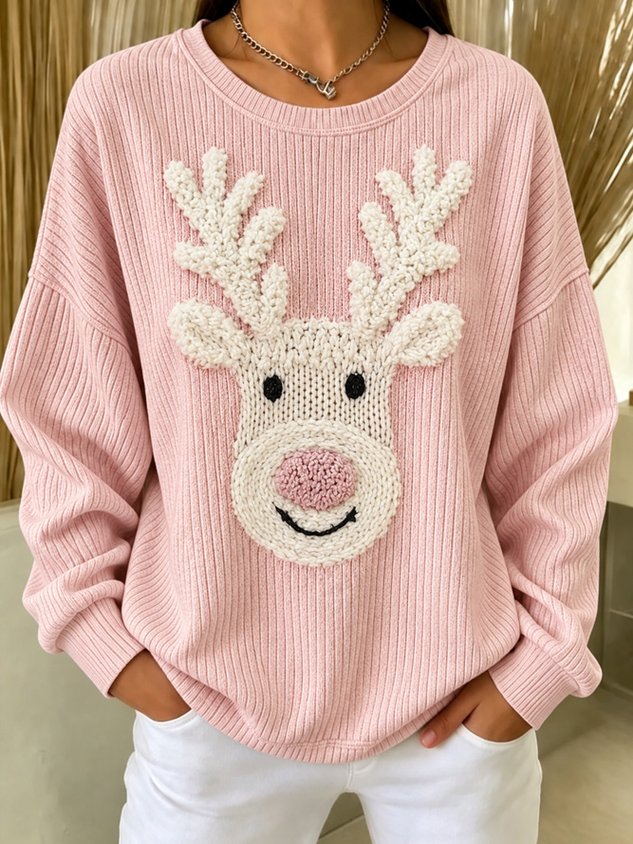 Pink 3D Plush Elk Christmas Sweater