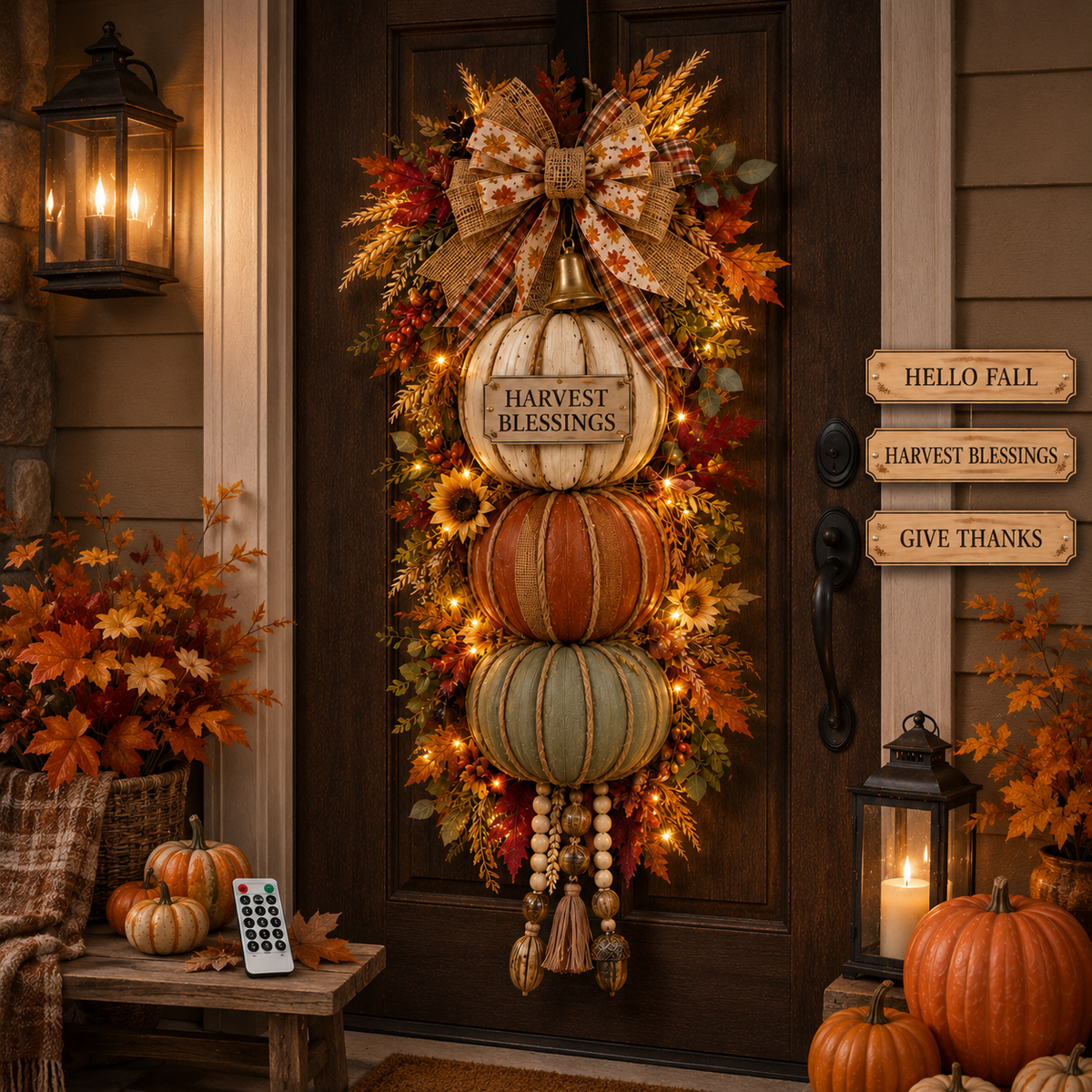 Lighted stacked pumpkin fall door decor