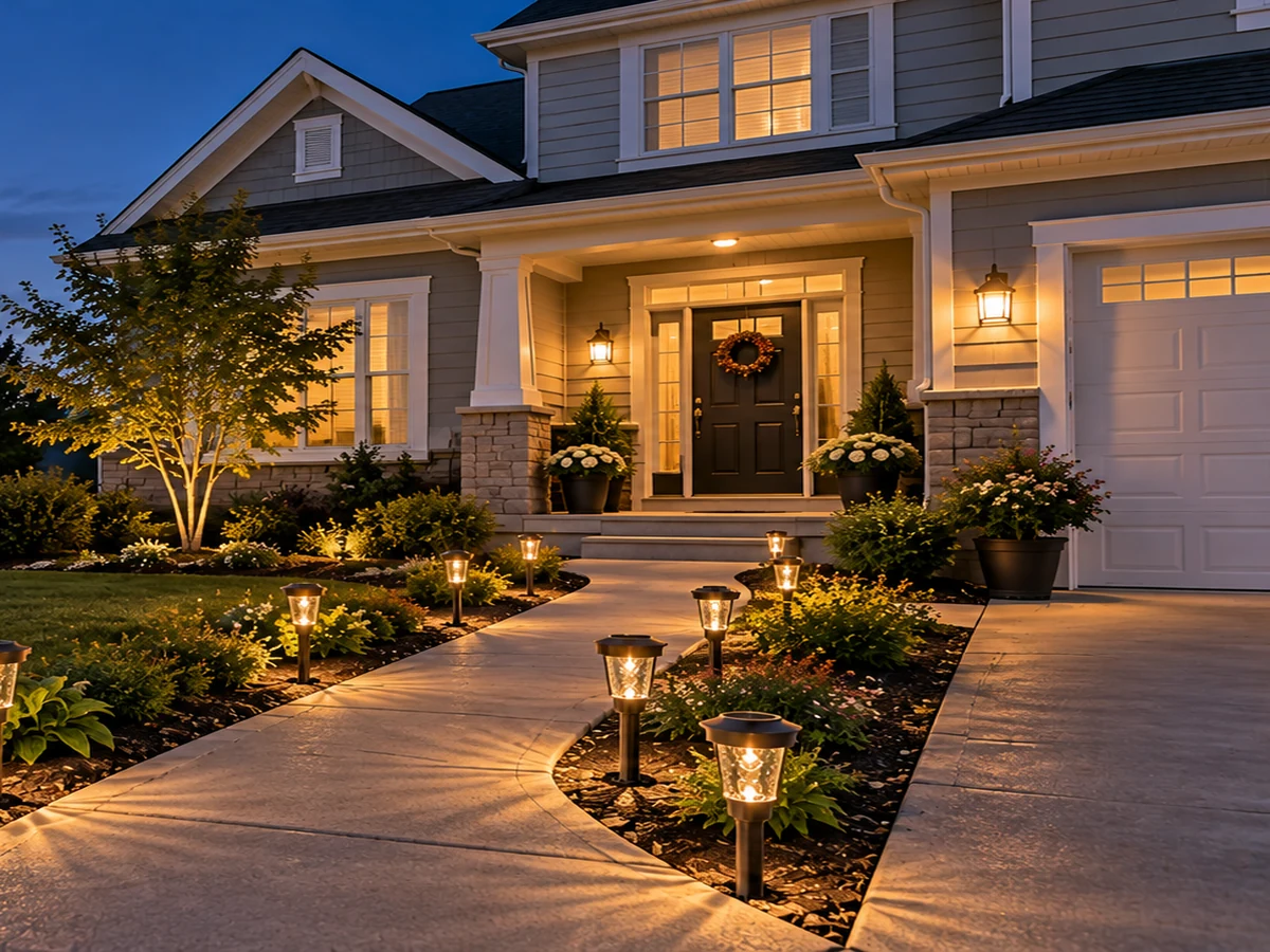 Suburban driveway and front entry at blue hour