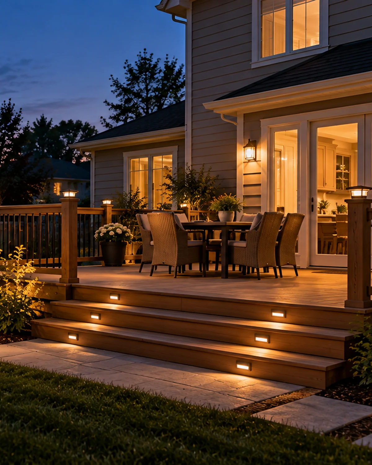 Warmly lit suburban deck and backyard during blue hour