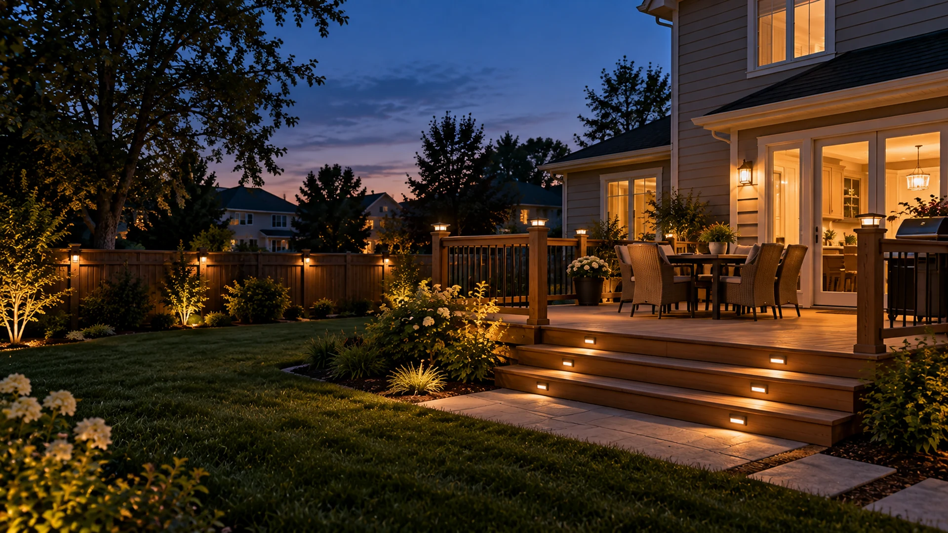 Warmly lit suburban deck and backyard during blue hour