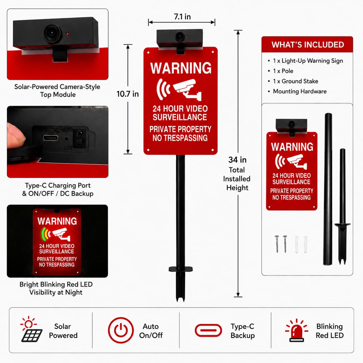 solar light-up no trespassing sign, 1 pack