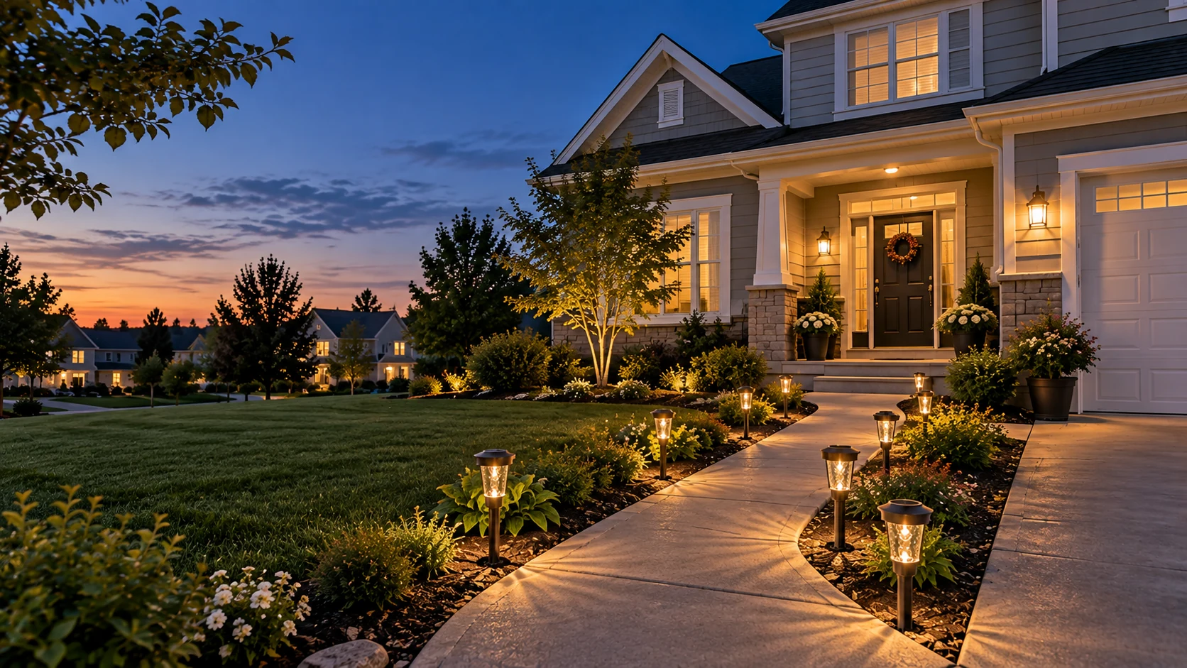 DERAYSION solar pathway lighting at a suburban home during blue hour