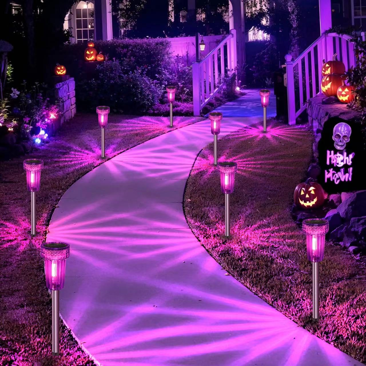 DERAYSION Halloween Solar Lights Outdoor Pathway Lights Purple