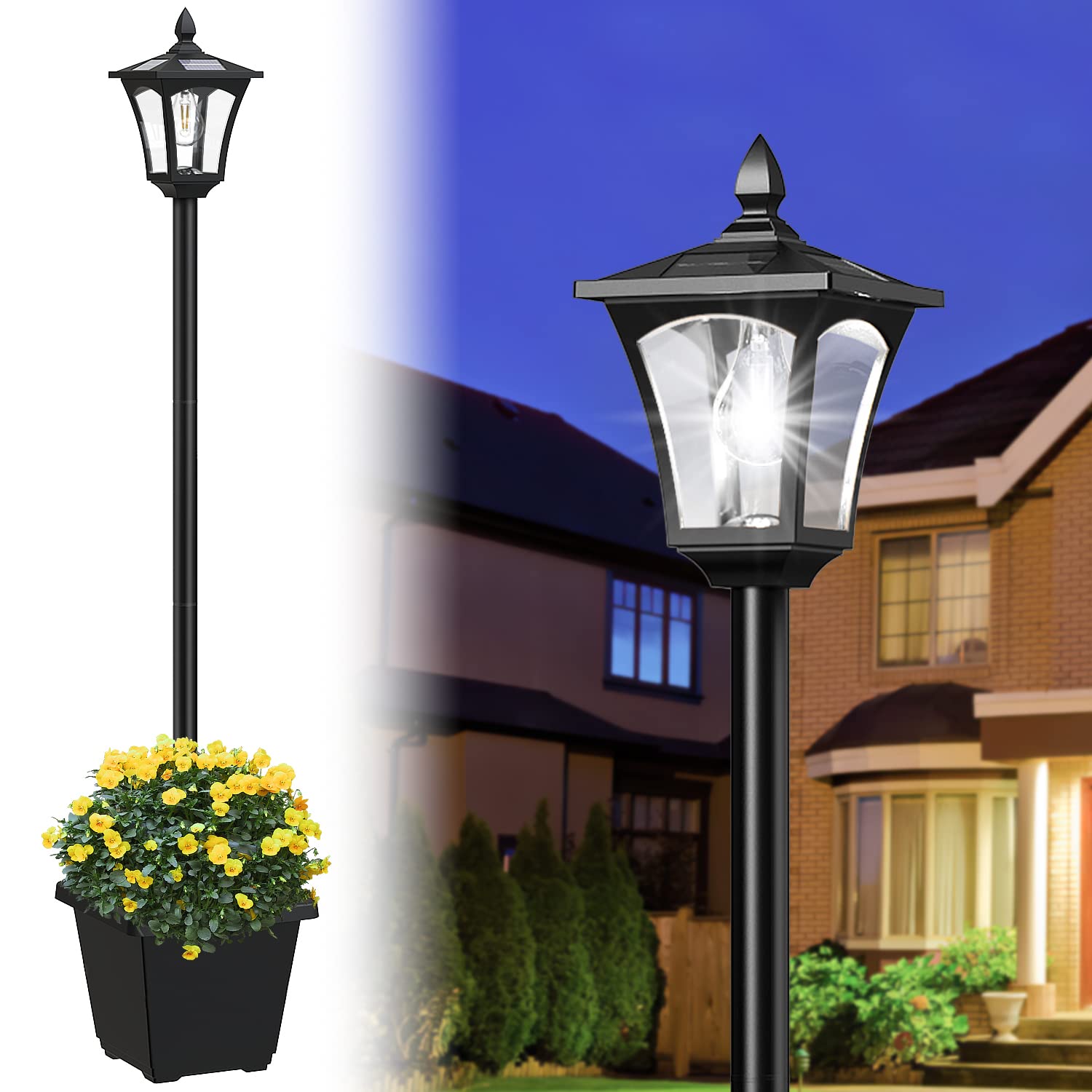64 Inch Solar Lamp Post Light with Planter Cool White Pole Lights