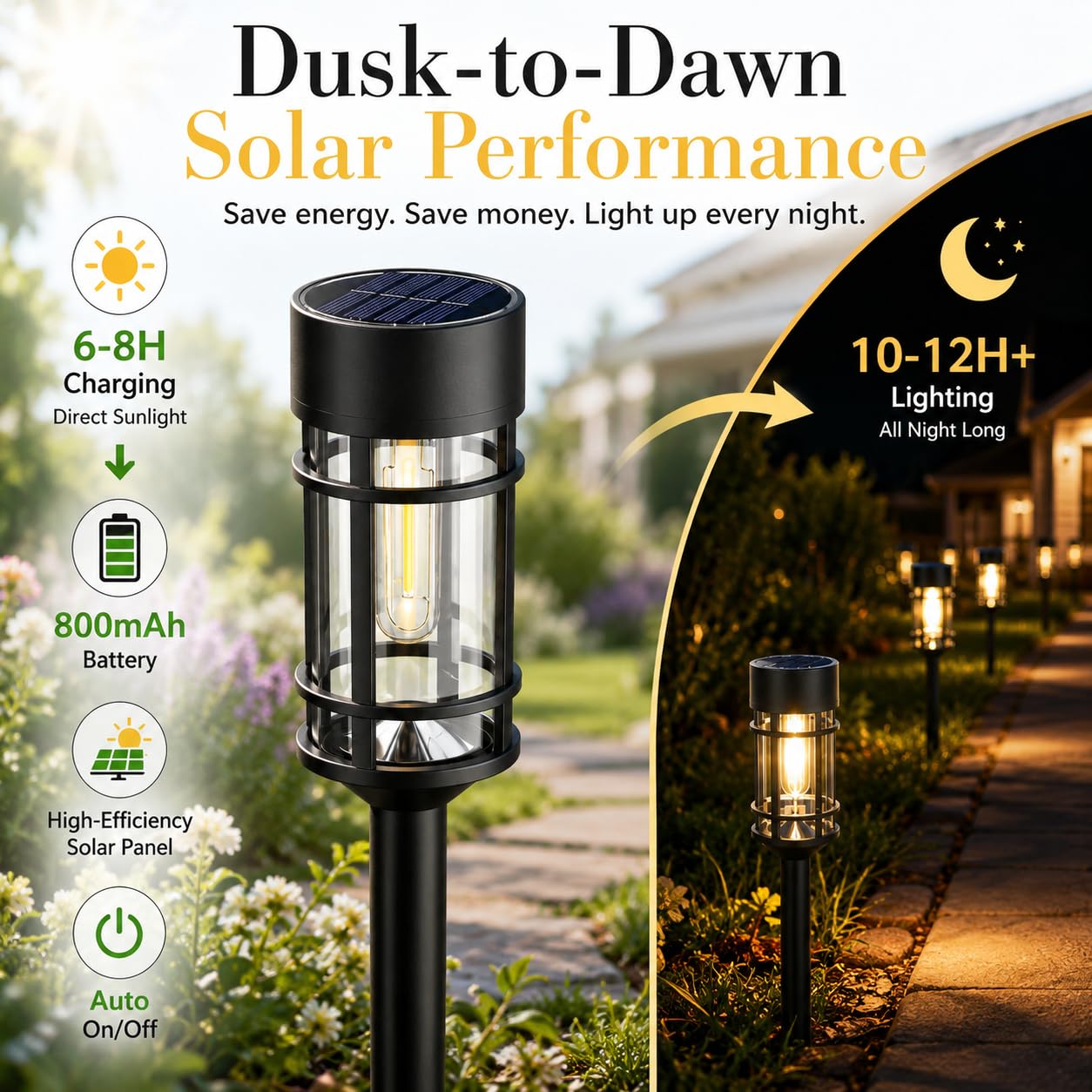 glass lantern solar pathway lights, black, warm white light
