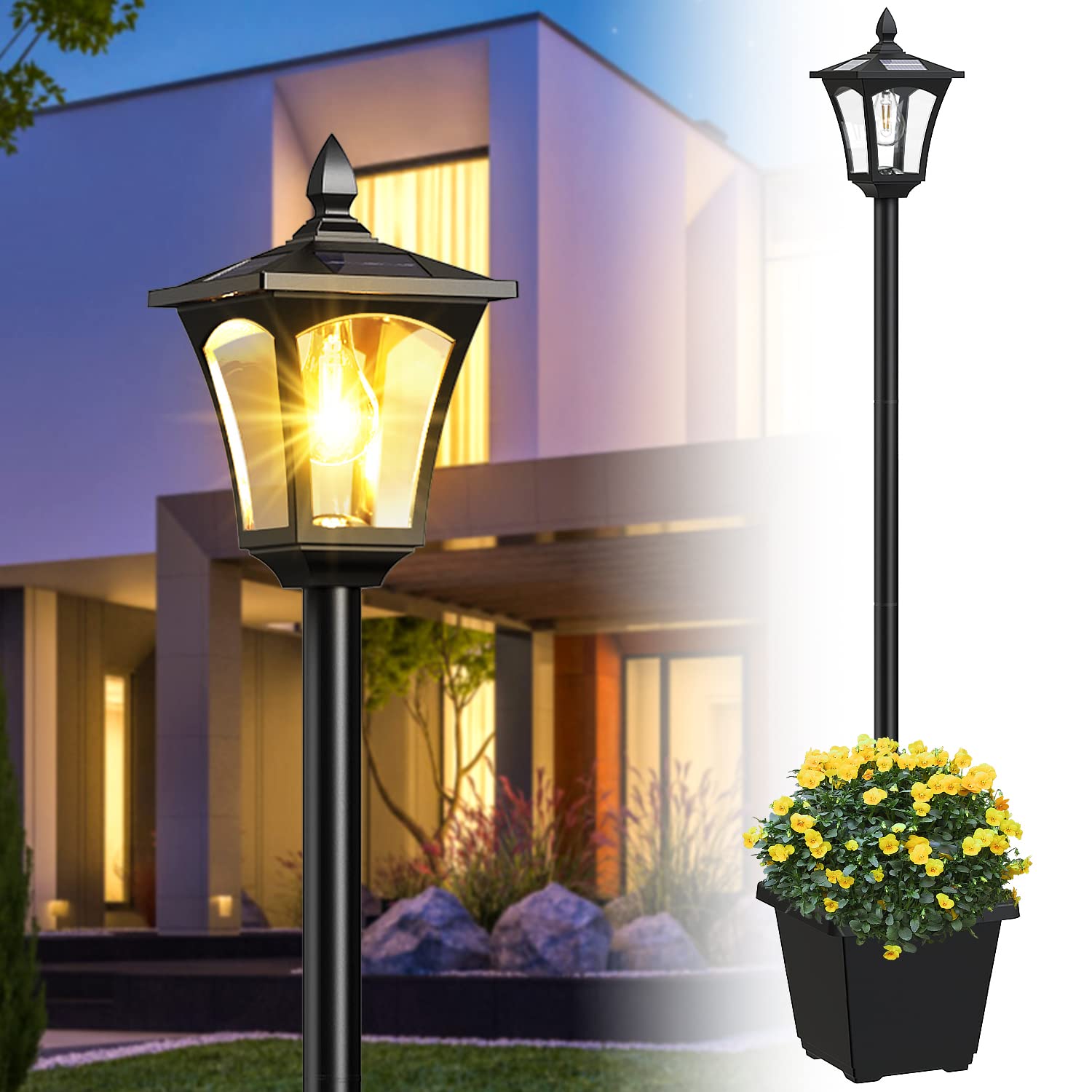 64 Inch Solar Lamp Post Light with Planter, 60 High Lumens Street