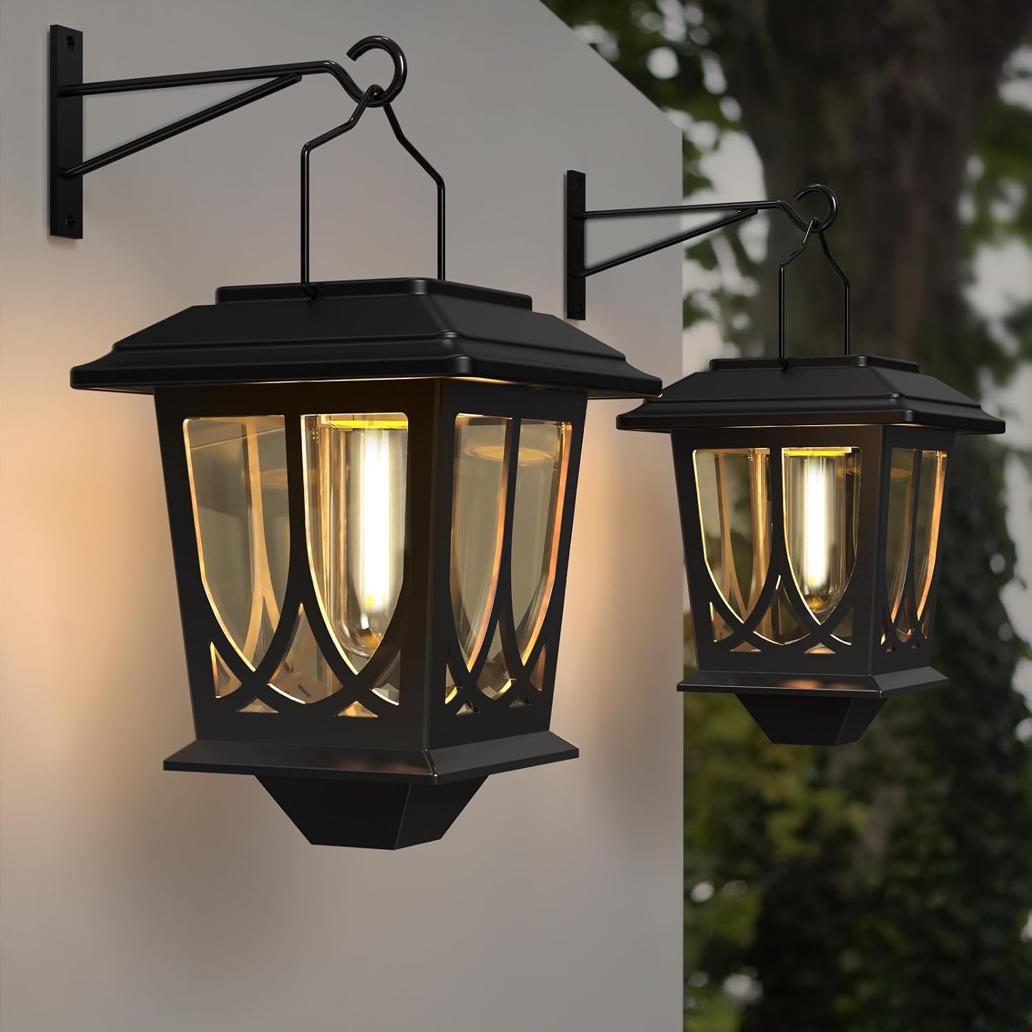Solar Lanterns Outdoor Waterproof 2 Pack, Glass Auto On/Off
