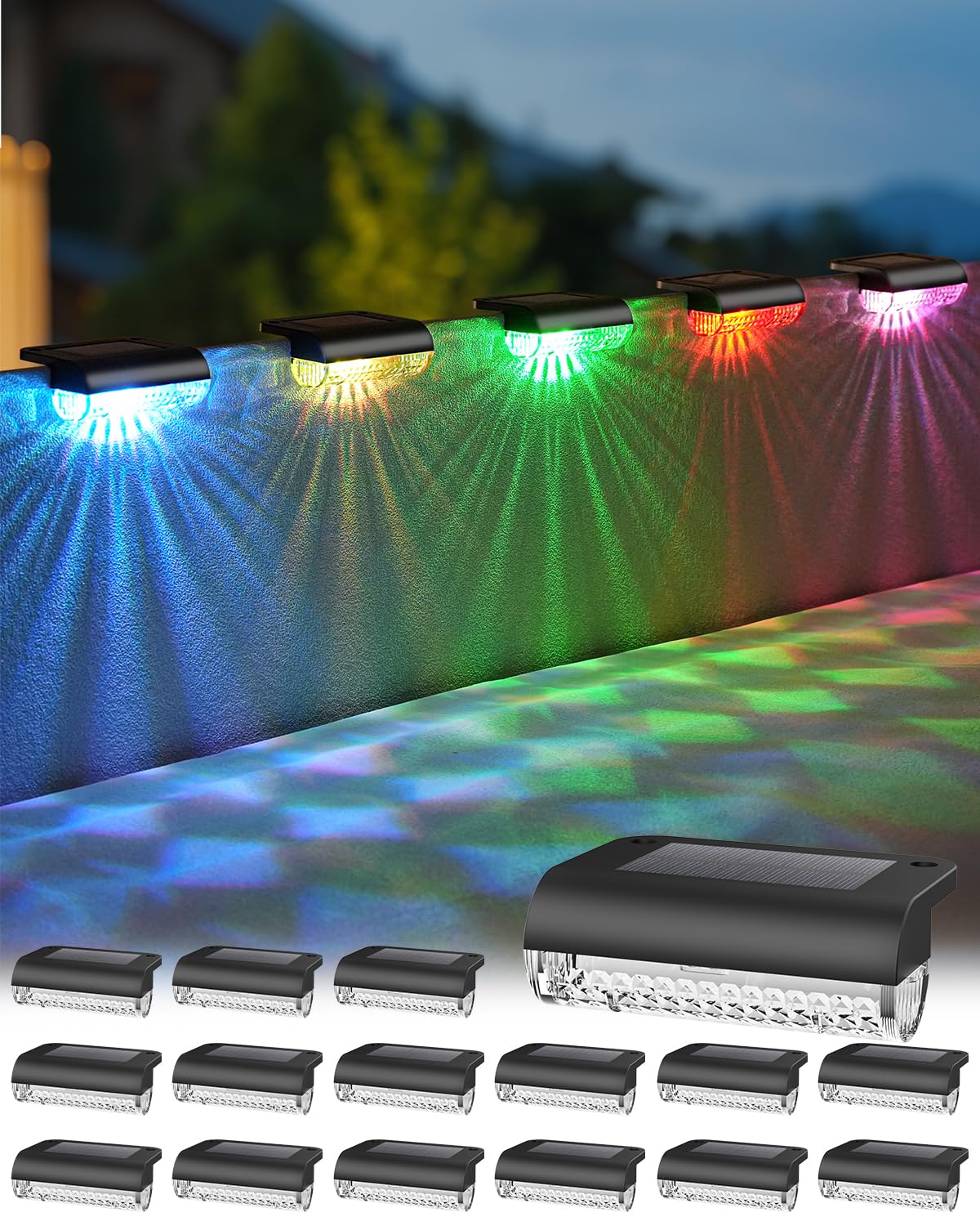 16 Pack Solar Deck Step Lights Outdoor, Color Changing Solar Fence