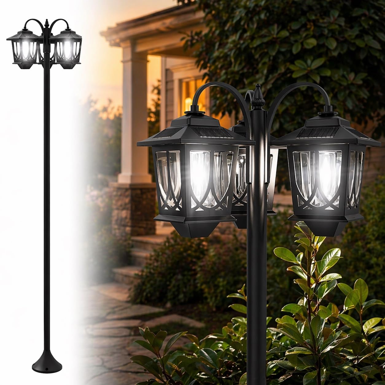 73" Aluminum Solar Lamp Post Light, 3-Head Solar Light Poles