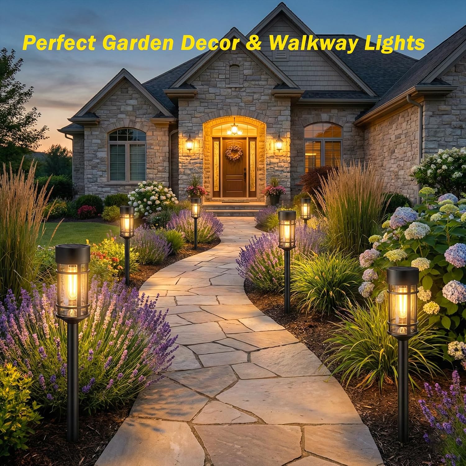 glass lantern solar pathway lights, black, warm white light