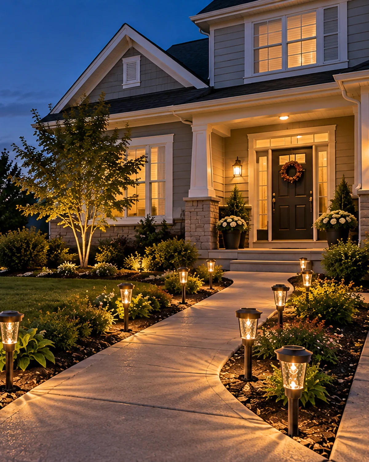 DERAYSION solar pathway lighting at a suburban home during blue hour