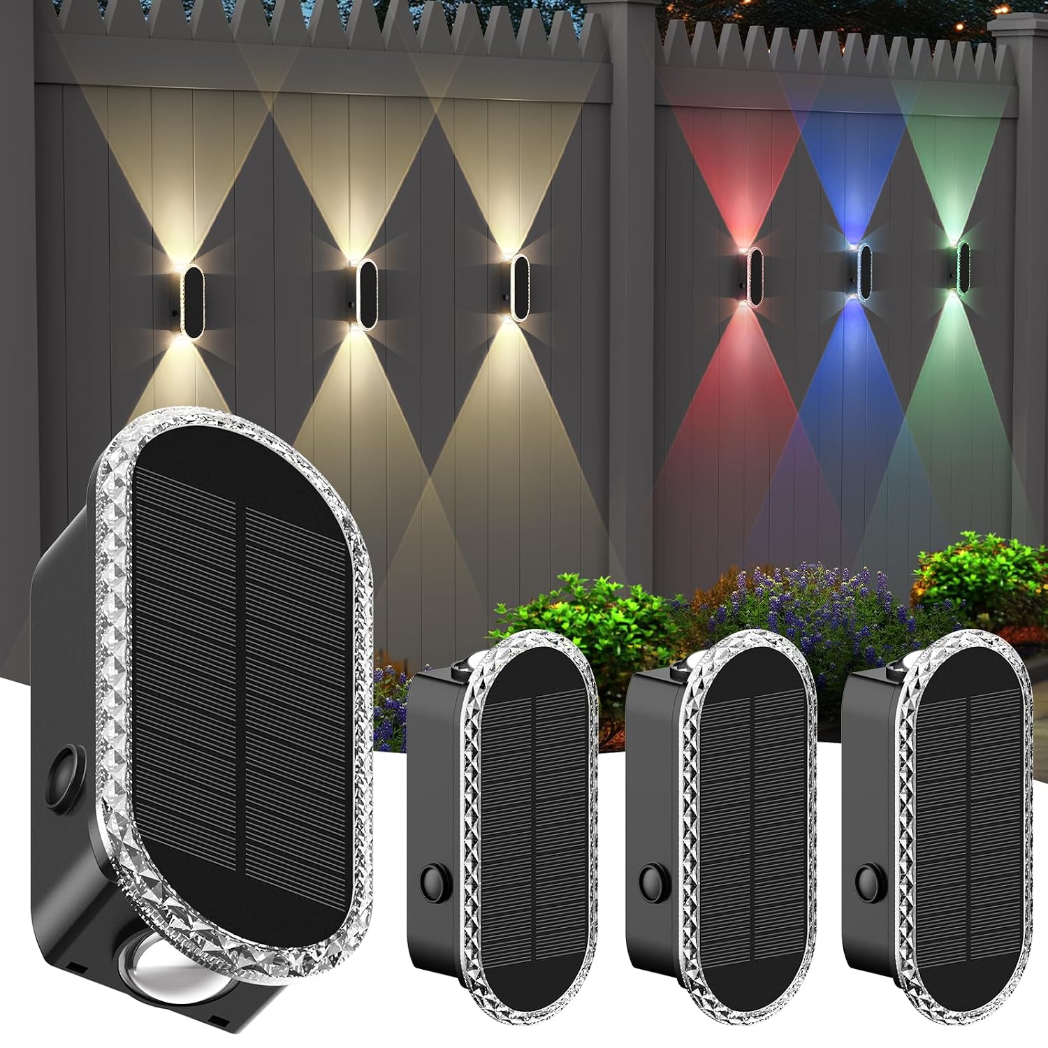 4 Pack Solar Fence Lights, RGBW 7-Color Changing Waterproof Top