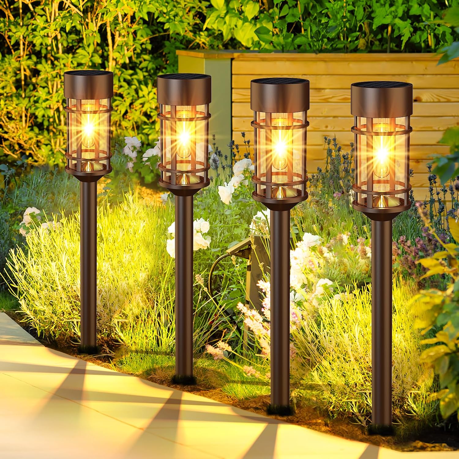 glass lantern solar pathway lights, brown, warm white light