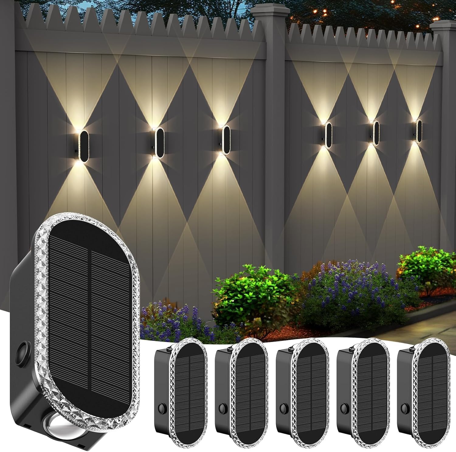 6 Pack Solar Fence Lights Outdoor, RGBW Solar Wall Lights Waterproof