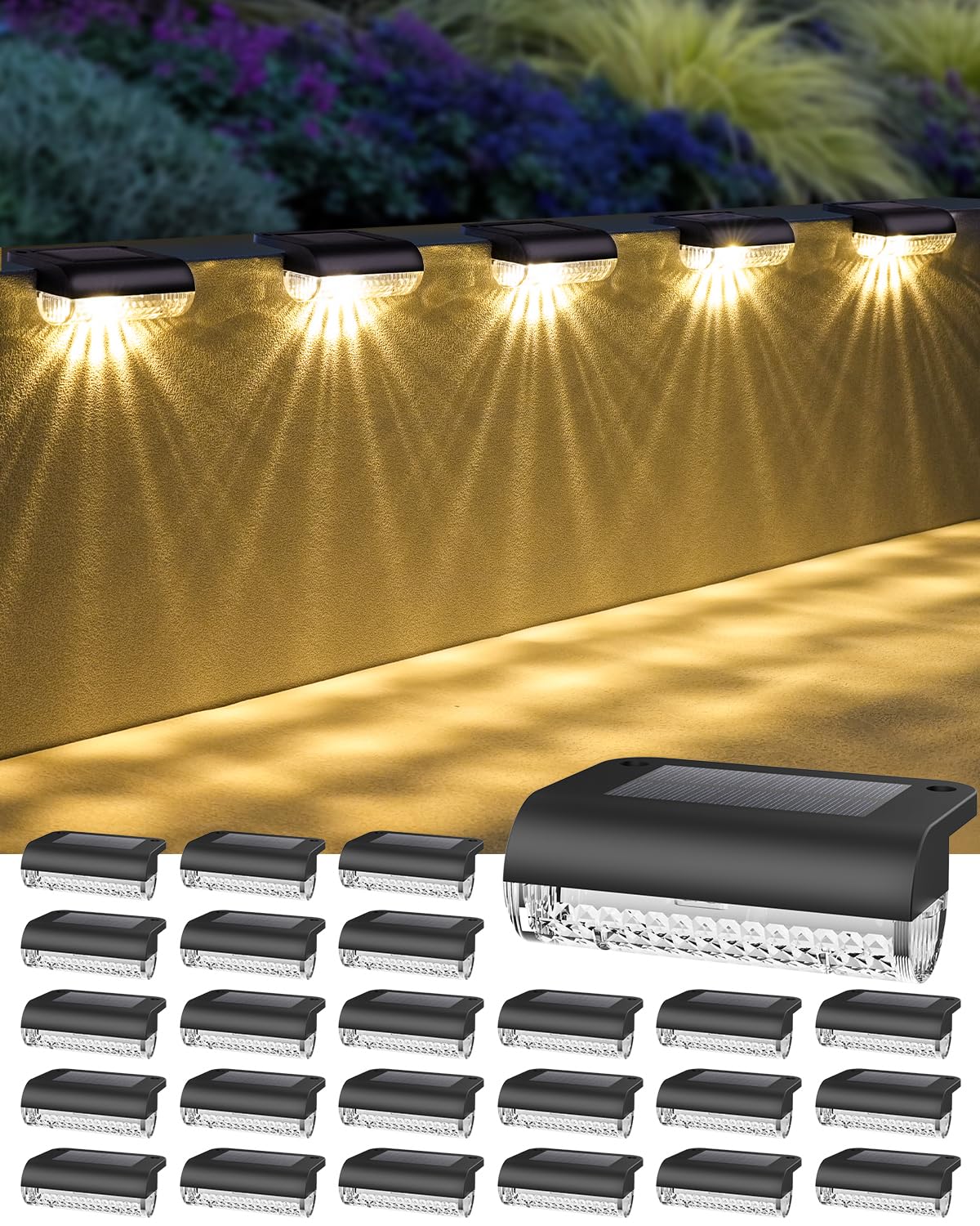 24 Pack Solar Step Lights Outdoor Stairs, Solar Deck Lights 3000K