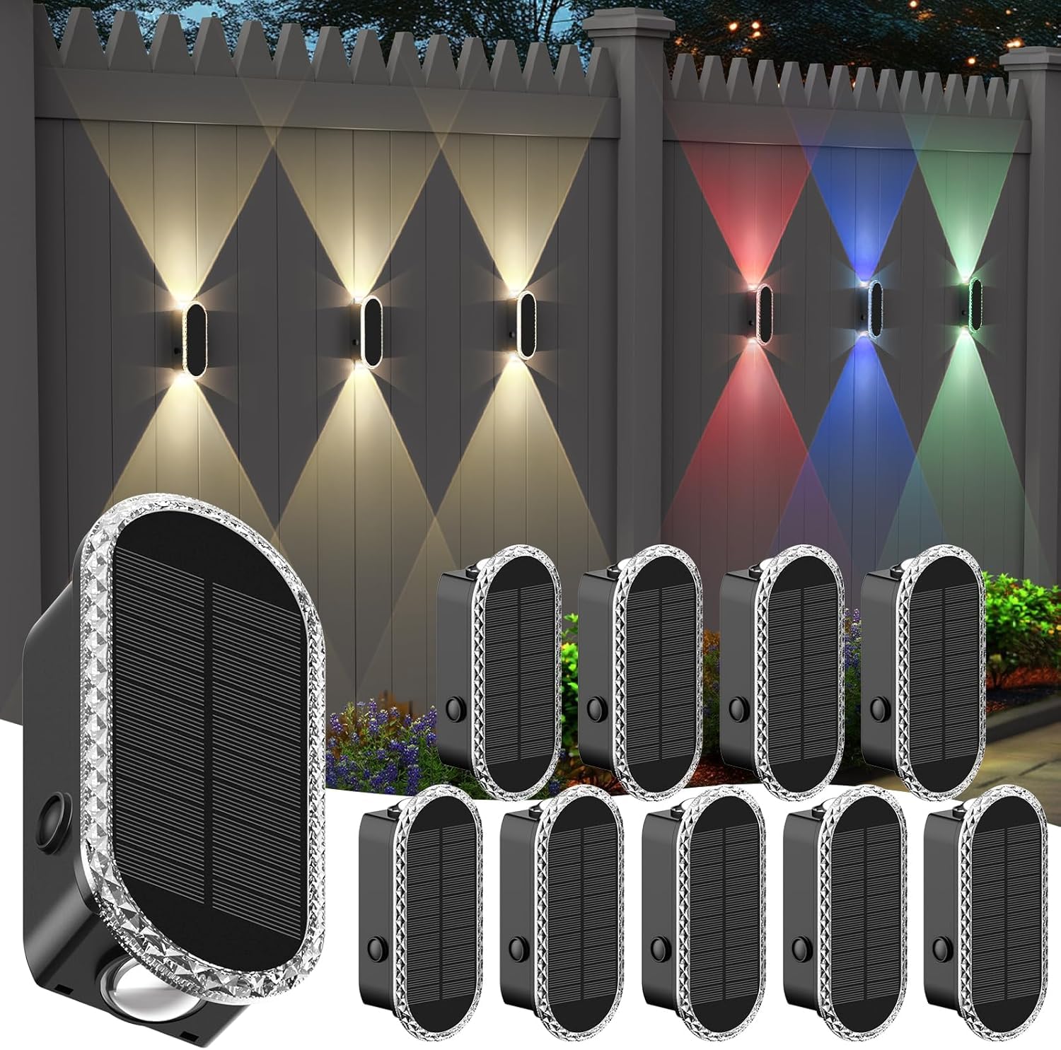 10 Pack Solar Fence Lights, RGBW Solar Powered Fence Wall Lights