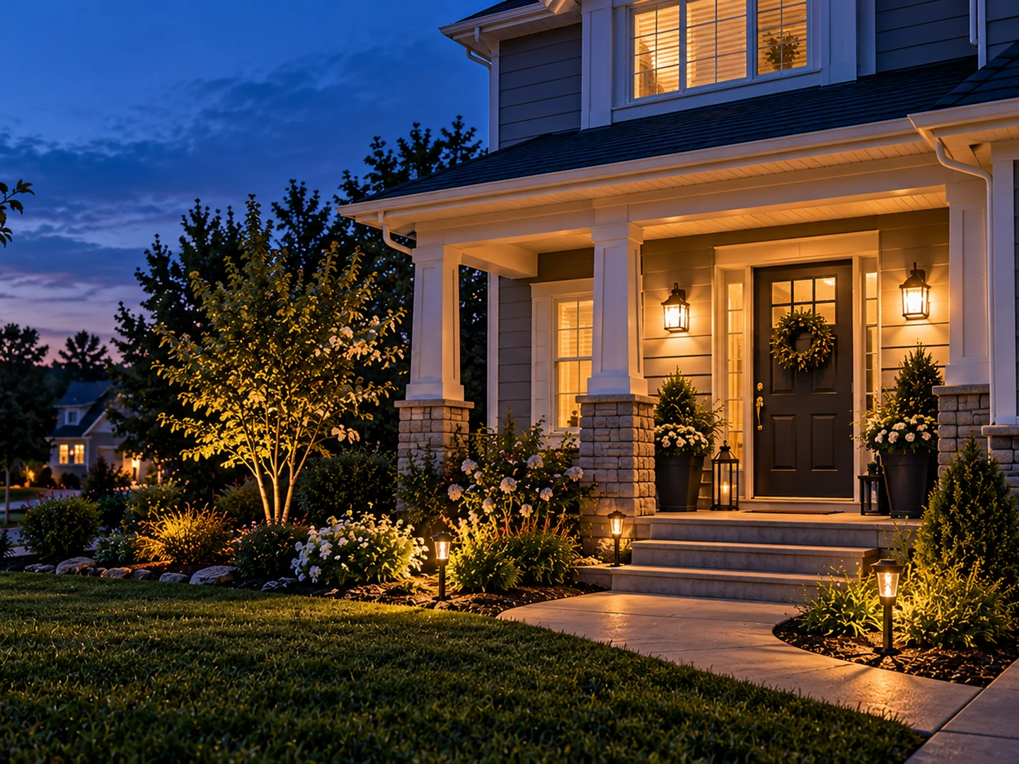 Suburban front porch and entry during blue hour