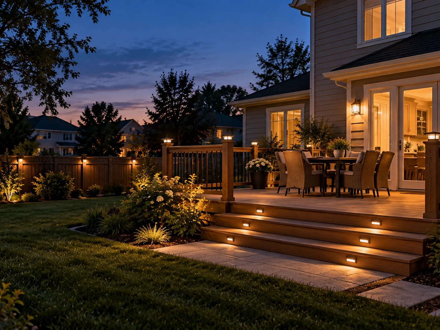 Suburban deck and backyard at blue hour